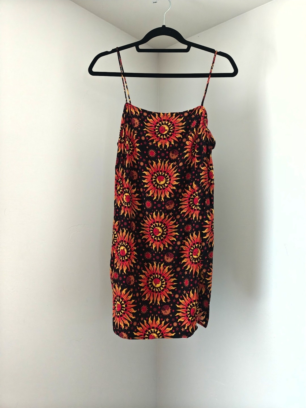 Motel Rocks Black Mini Dress with Red & Orange Sunburst Print